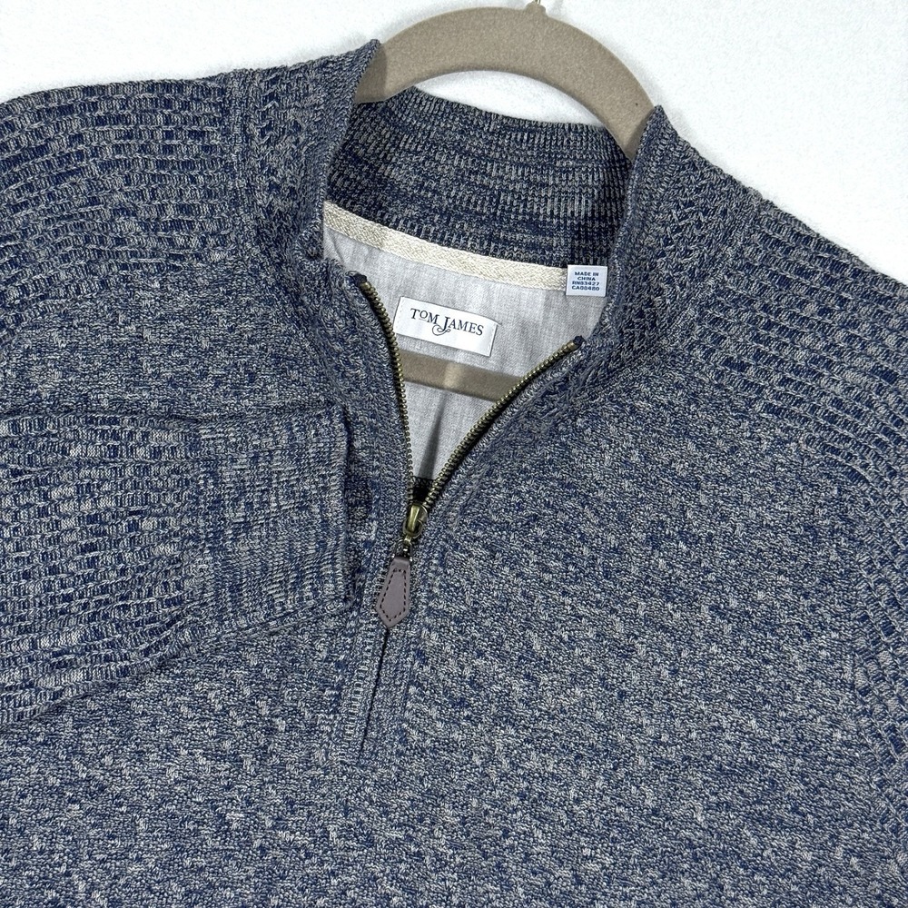Tom James Sweater Mens Large Textured Knit Marl 1/4 Zip Cotton Pullover‎ Blue